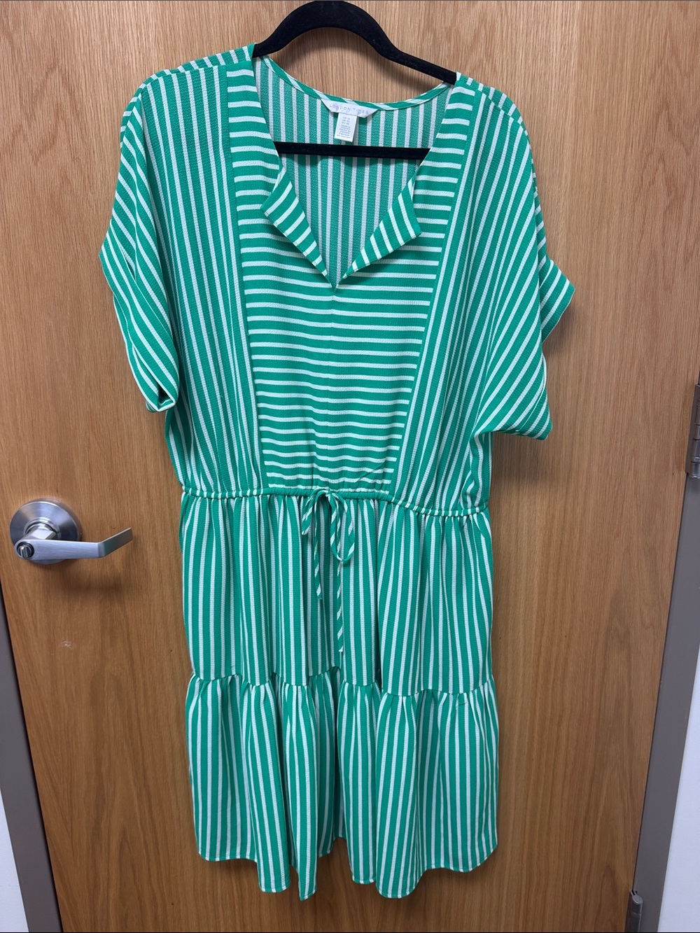 London Times Kelly Green and White Preppy Striped Tiered Midi Dress Plus Size 16